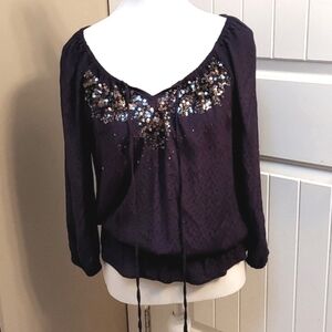 Sexy Dress Barn dark blue 3/4 sleeves sequins decor rayon blouse size S